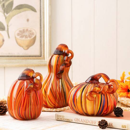 Glitzhome® Multi Striped Glass Pumpkin & Gourd Set
